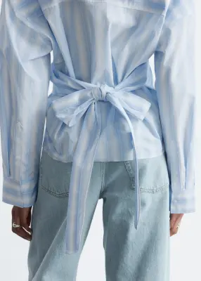 Chemise en coton à taille ceinturée - Rayures bleues et blanches — photo 4