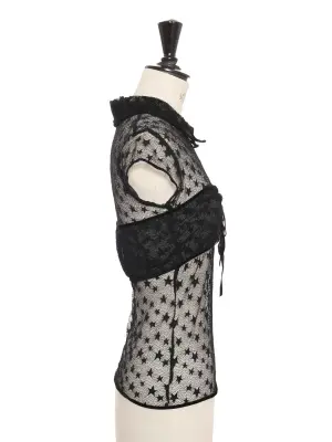 Top en maille noir manches courtes brodé étoiles bordé velours boutons CC Fall Winter Prix boutique 8500€ Taille 36 — photo 5