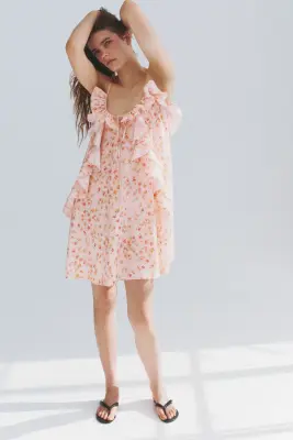 Robe volantée à bretelles fines - Rose clair/fleuri — photo 1