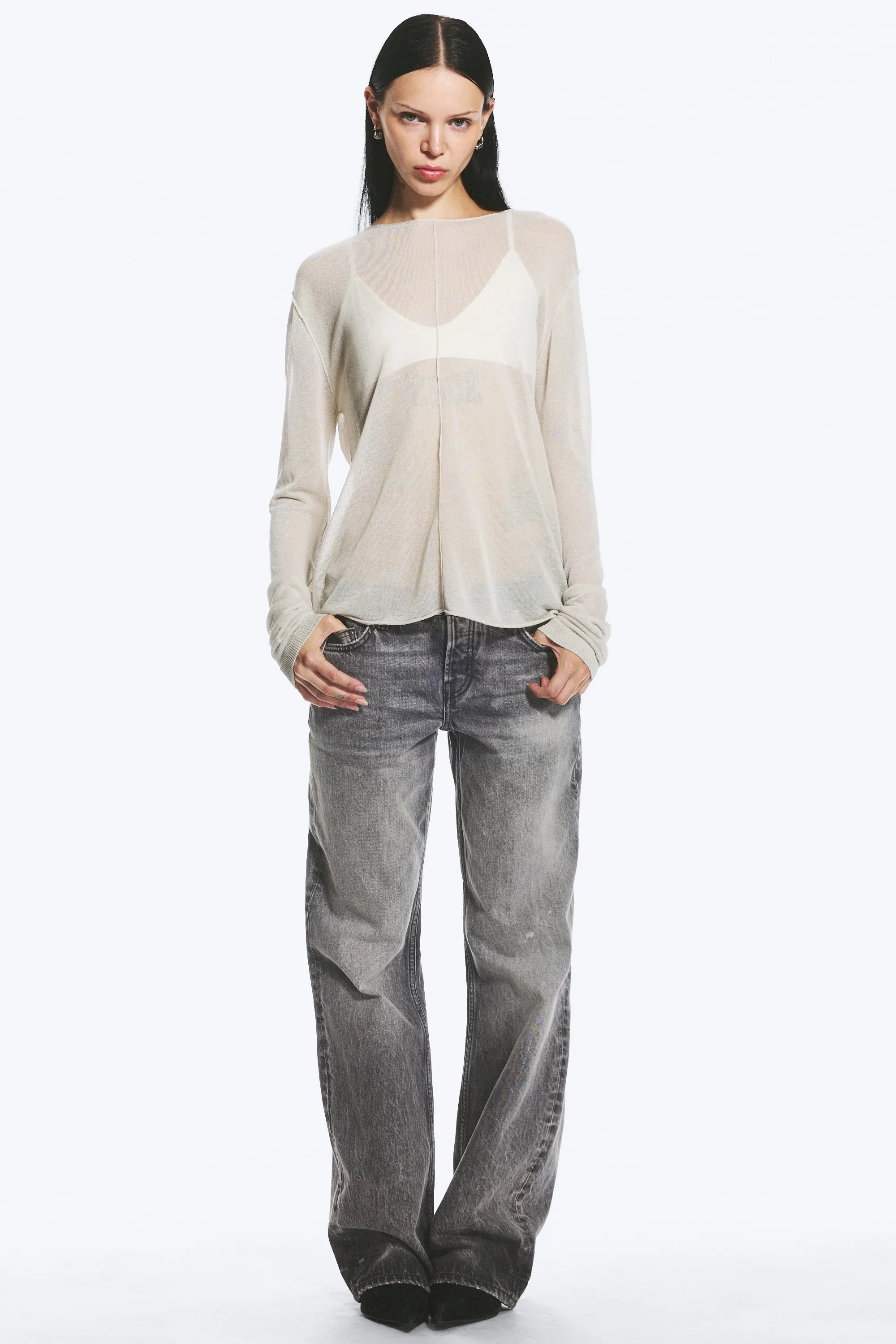 Pull ample confectionné en maille transparente - Taupe cendré clair