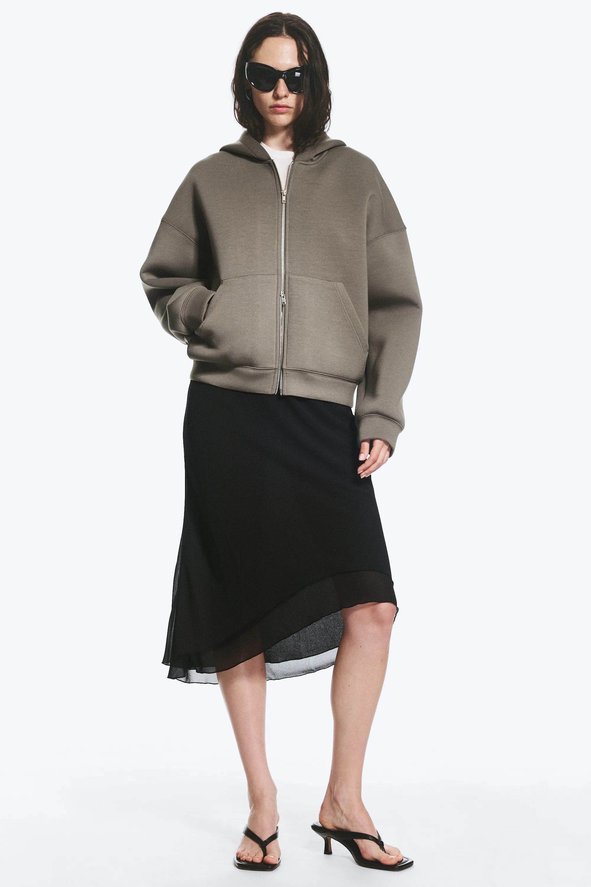 Sweat à capuche zippé oversize en scuba - Kaki Gris