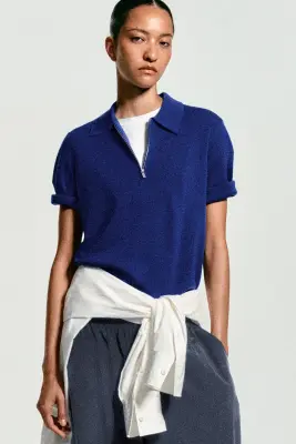 POLO ZIPPÉ EN LAINE MÉRINOS - BLEU COBALT — photo 1