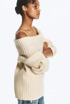 Pull côtelé à épaules dénudées - Beige clair — photo 3