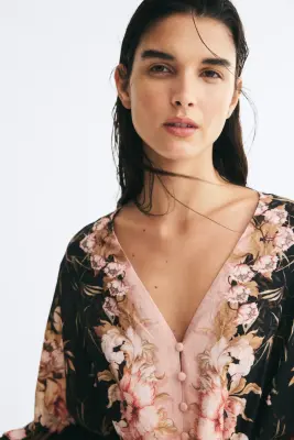 Robe tunique avec ceinture à nouer - Noir/fleuri — photo 3