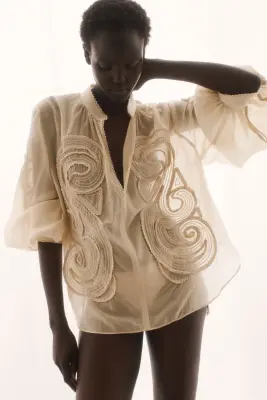 Blouse brodée - Beige clair — photo 1
