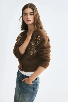 Gilet en mohair mélangé avec perles fantaisie - Marron foncé — photo 2