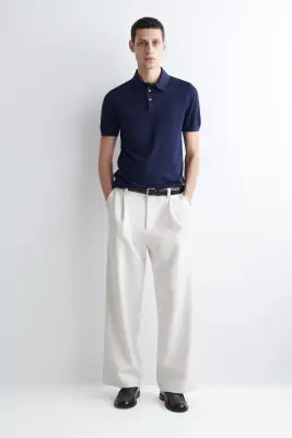 POLO SLIM EN MAILLE DE SOIE - BLEU — photo 1