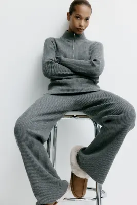 Pantalon large en maille côtelée - Gris chiné — photo 1