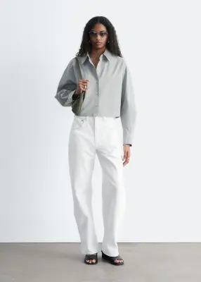 Chemise courte oversize en coton - Beige/Rayures bleues — photo 2
