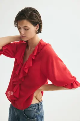 Blouse volantée en coton mélangé - Rouge — photo 3