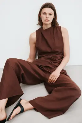 Pantalon large en lin mélangé - Marron foncé — photo 1