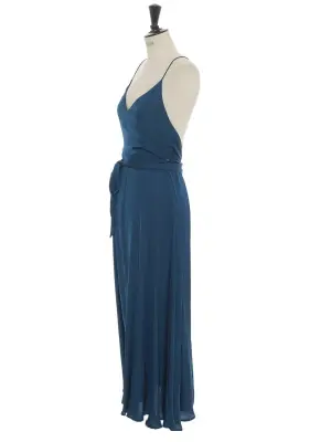 Robe longue dos nu à fines bretelles décolleté et ceinture ruban en satin bleu canard Taille 36 — photo 2