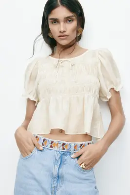 Blouse smockée - Crème — photo 1