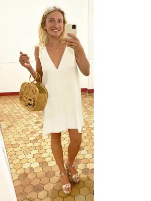 Sac panier en rotin tressé style seventies beige camel et poignées rondes — photo 3