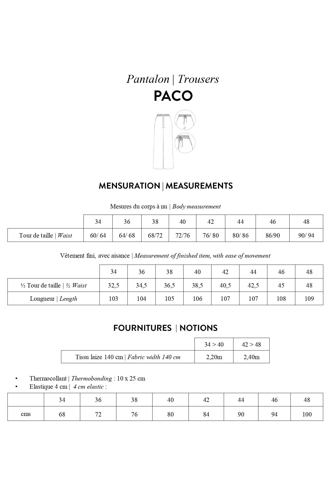 Patron papier pantalon PACO