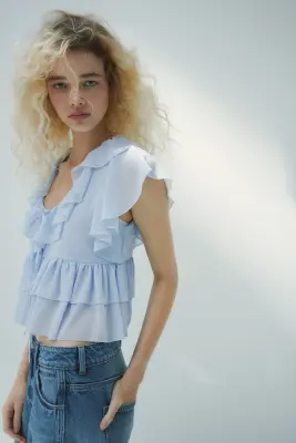 Blouse volantée avec liens à nouer - Bleu clair — photo 2