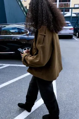 Veste en laine mélangée à col cheminée - Marron poudré — photo 2
