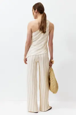 MAMA Pantalon à taille élastique en coton texturé - Beige clair/rayé — photo 2