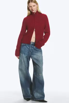 Cardigan zippé ajusté en maille douce - Rouge foncé — photo 1