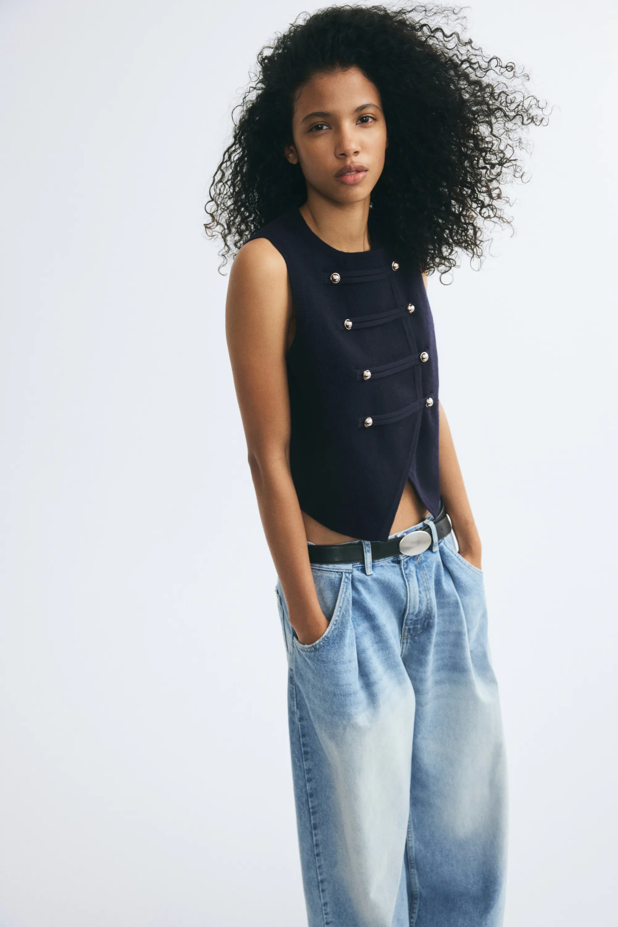 Gilet sans manches croisé en maille fine - Bleu marine