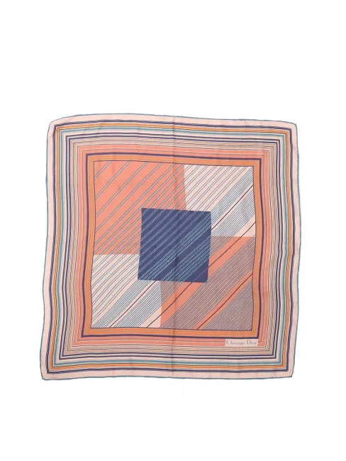 Foulard carré de soie imprimé graphique rayures orange bleu et blanc