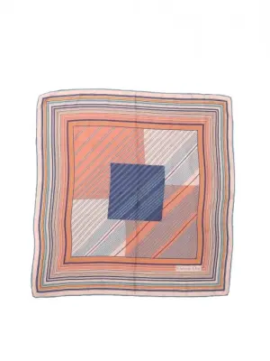 Foulard carré de soie imprimé graphique rayures orange bleu et blanc — photo 1