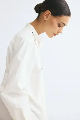 Oversized embroidered shirt - Crème — photo 3