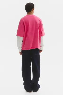 T-shirt à effet superposé Oversized Fit en coton - Rose vif/color block — photo 3