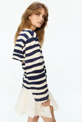 Top en coton avec ouverture - Crème/rayures bleu marine — photo 1