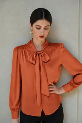 Lena Silk Bow Blouse - Rust — photo 1