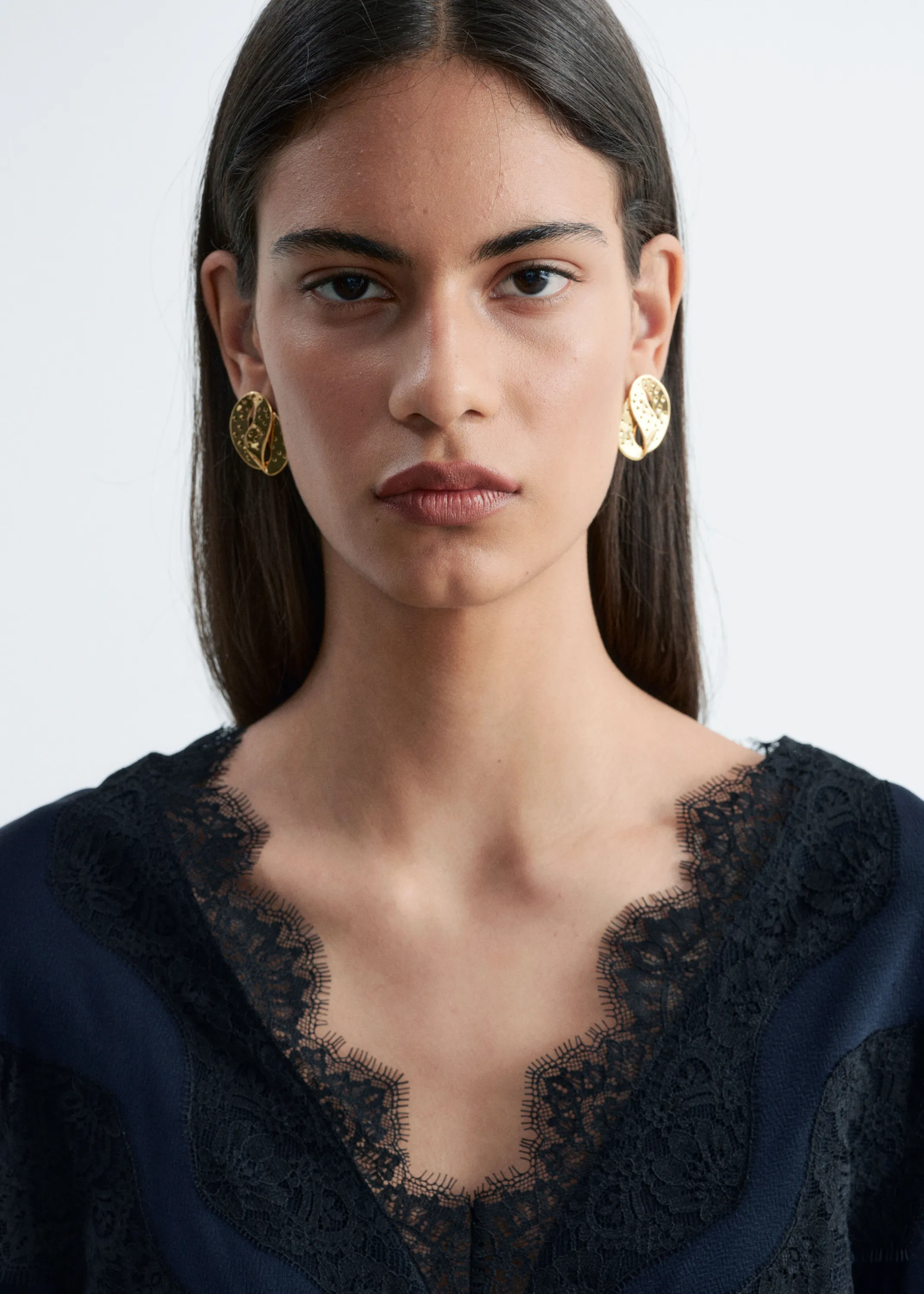 Blouse en crêpe à finitions en dentelle - Bleu/Noir