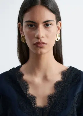 Blouse en crêpe à finitions en dentelle - Bleu/Noir — photo 1