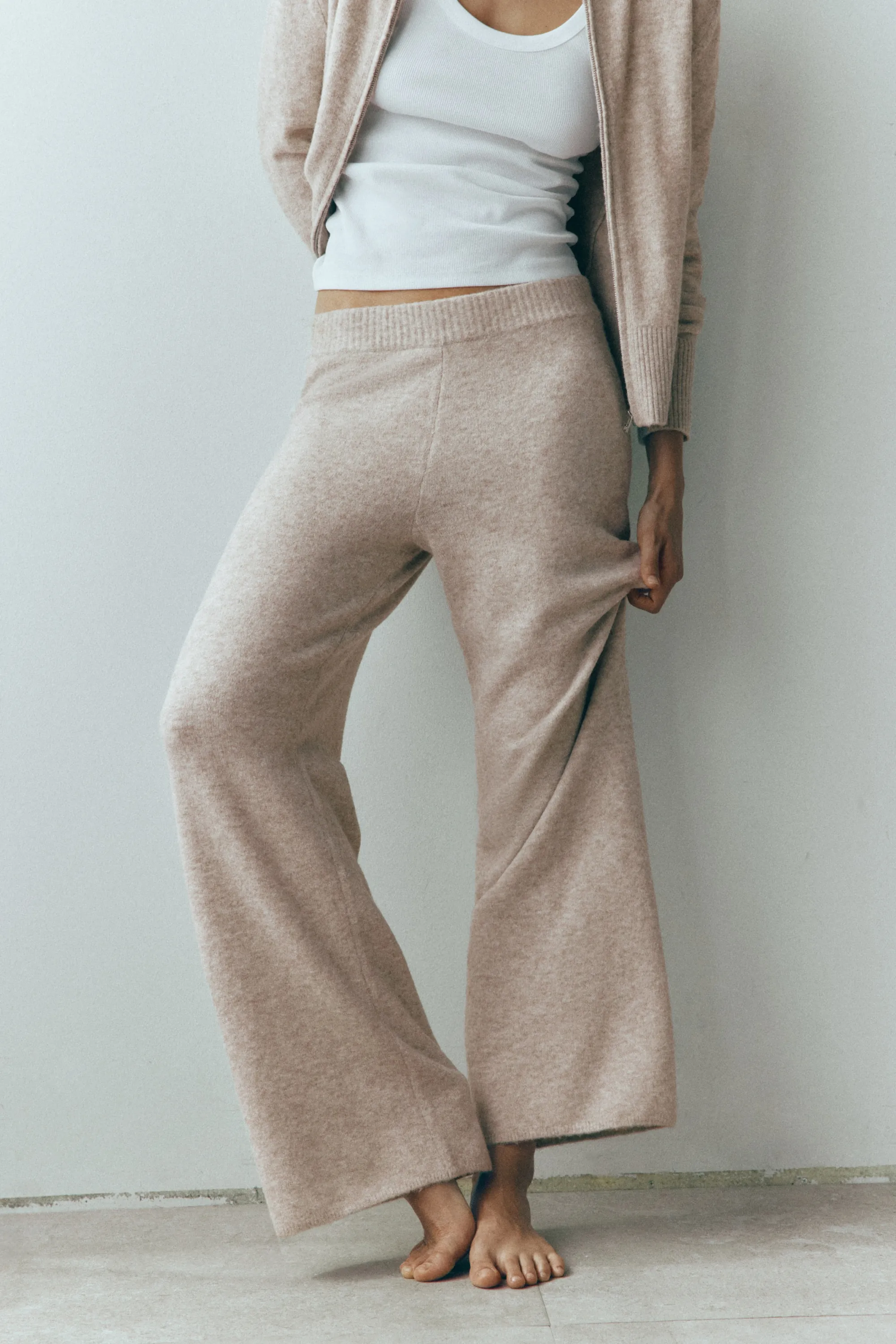 Pantalon large en maille - Beige clair chiné