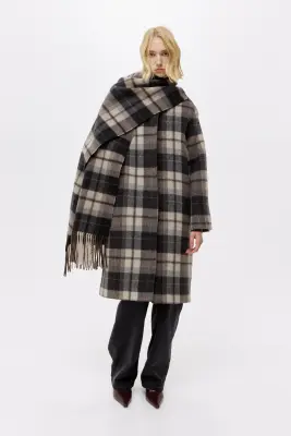 Manteau en laine mélangée avec écharpe - Beige clair/carreaux — photo 2