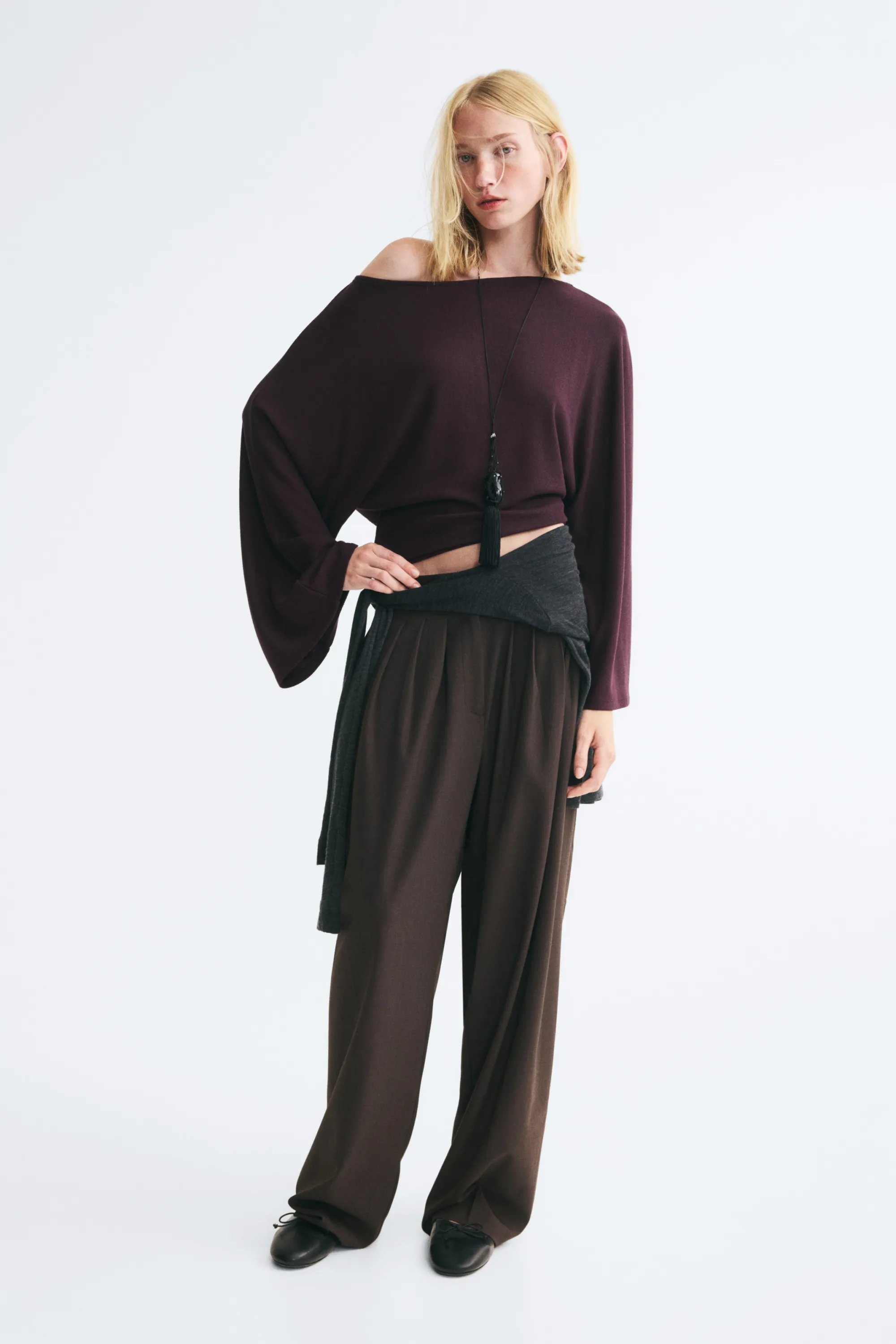 Textured boat-neck top - Violet foncé