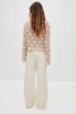 Pantalon en denim avec taille élastique - Beige clair/rayé — photo 3