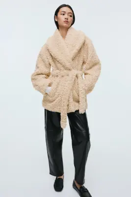 Manteau en tissu Teddy bear avec ceinture à nouer - Beige — photo 2