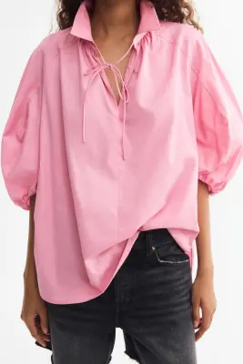 Blouse à manches bouffantes avec liens à nouer - Rose — photo 2