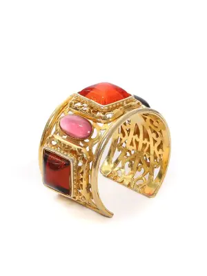Bracelet manchette en laiton doré pavé de pierres rouge rose bordeaux Prix boutique 500€ — photo 3
