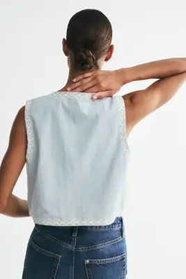 Gilet sans manches en lin mélangé - Bleu ancien clair/crème — photo 3