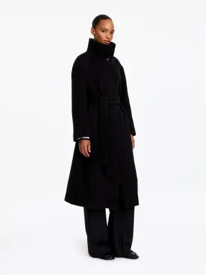 Manteau ceinturé en laine mélangée - Noir — photo 2
