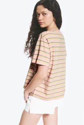 T-shirt boxy en coton - Rayures rose/kaki — photo 2