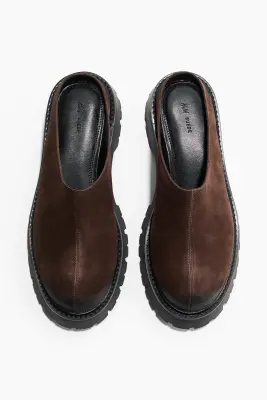 Mules à semelle épaisse en cuir velours fendu - Marron foncé — photo 1