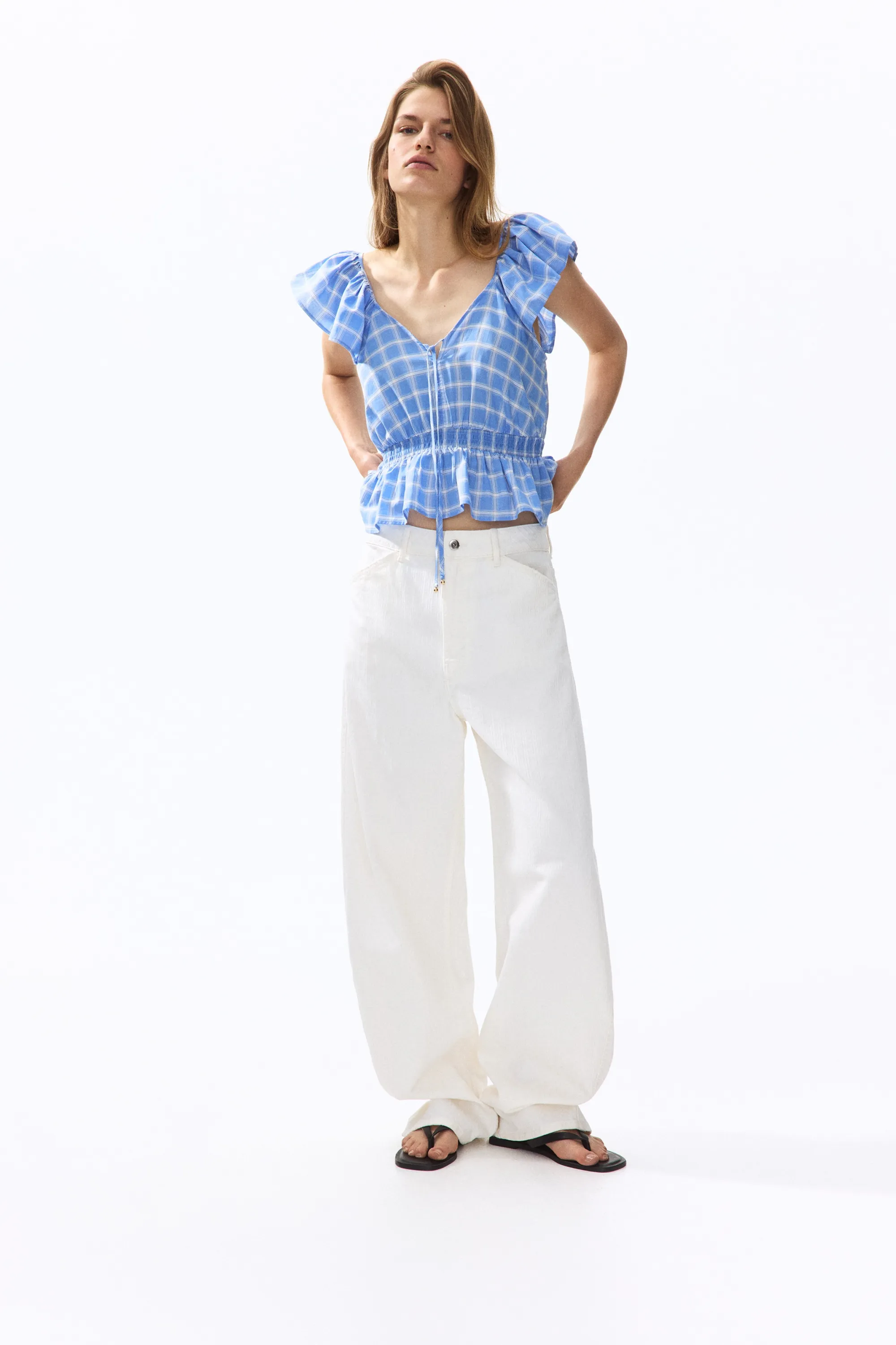 Blouse à manches volantées avec basque - Bleu/carreaux