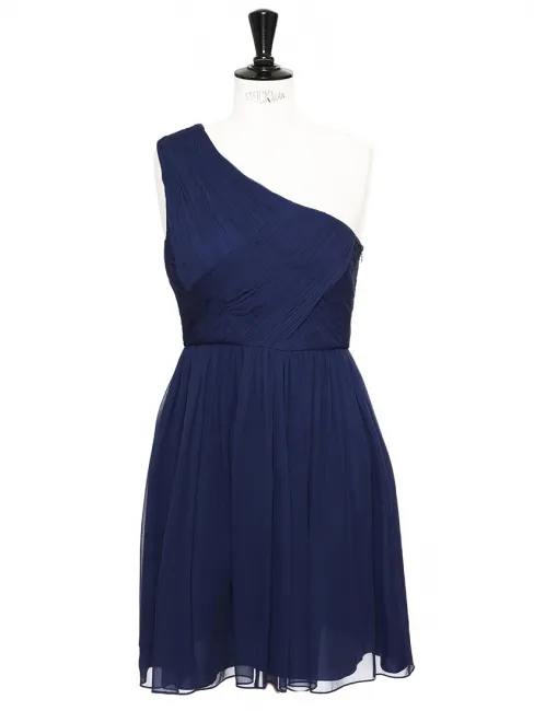 Robe drapée asymétrique en mousseline de soie plissée bleu marine NEUVE Px boutique 450€ Taille 36
