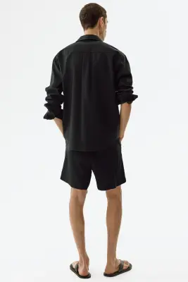 Short Relaxed Fit en lin mélangé - Noir — photo 4