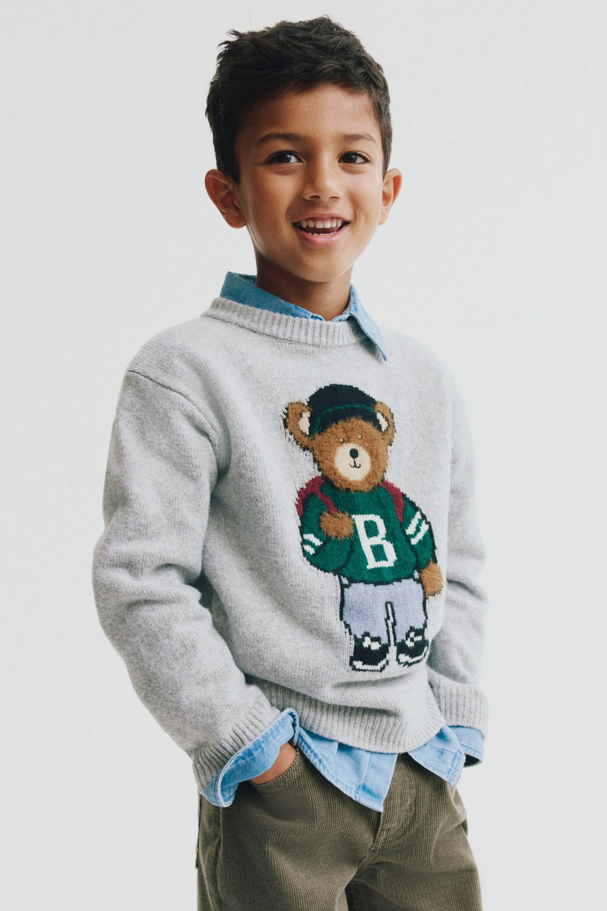 Pull en maille jacquard - Gris chiné/nounours