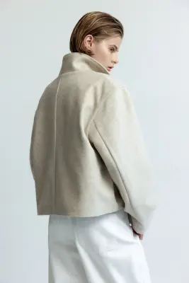 Veste à col entonnoir en feutre - Beige clair — photo 5