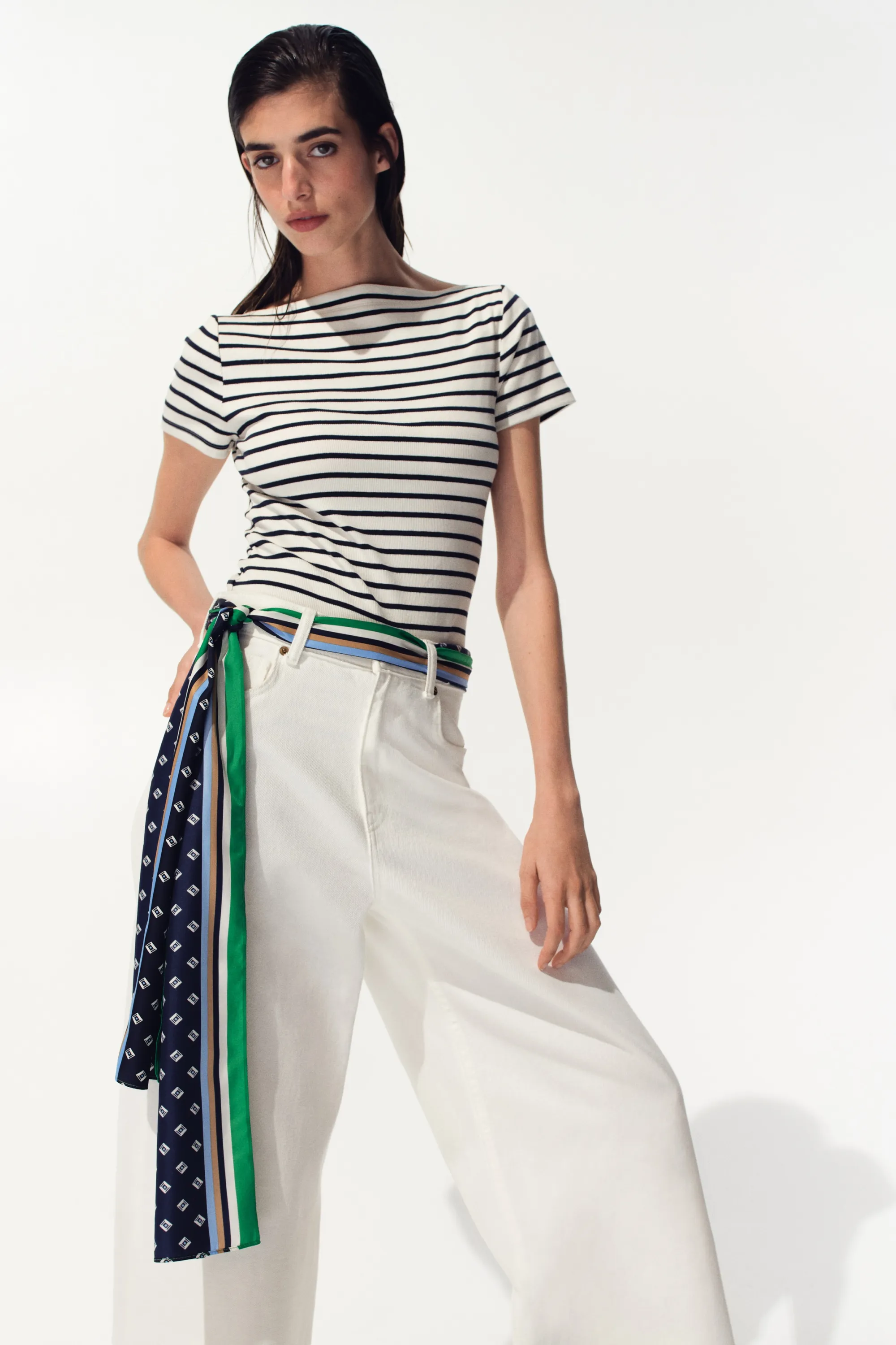 Top à encolure bateau en coton - Bleu marine/rayé