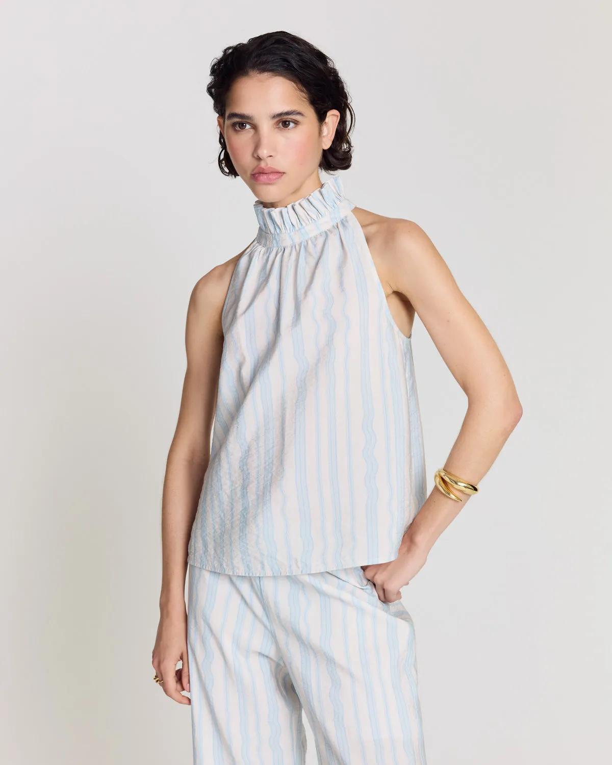 Top Leonora rayures onde fond blanc